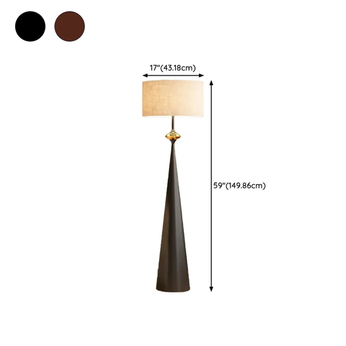 Moderne metalen vloerlamp met taps toelopende voet en stoffen kap