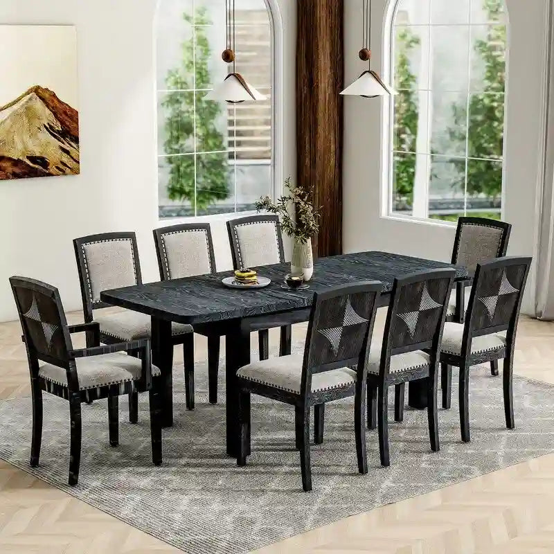 9-teiliges ausziehbares Esszimmer-Set mit 24inch Einlegeplatte, 6 gepolsterten Esszimmerstühlen ohne Armlehnen und 2 gepolsterten Armlehnstühlen