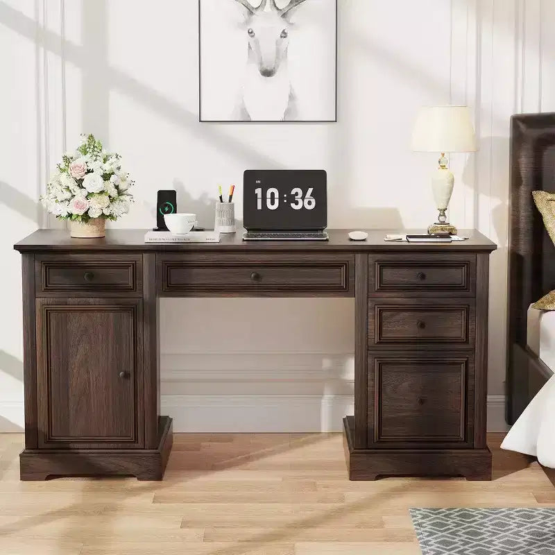 60 Farmhouse Executive Desk for Home Office - Wooden Writing Desk with Drawers, Cabinet Storage, Rustic Home Office Desk for Work Study
