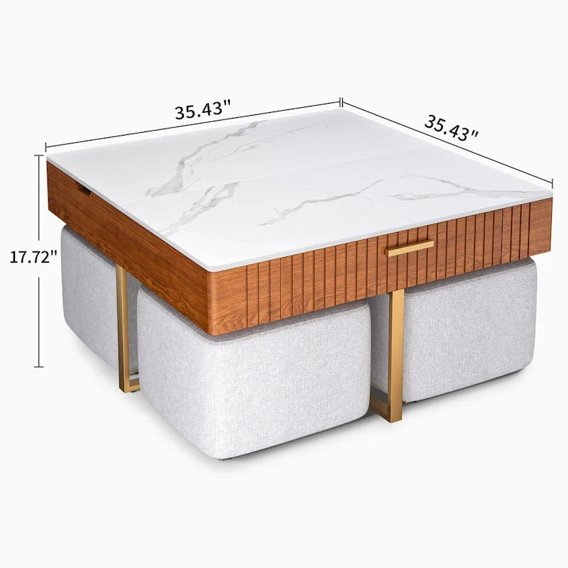 Salontafel met hefblad, verborgen opbergruimte en 4 poefs