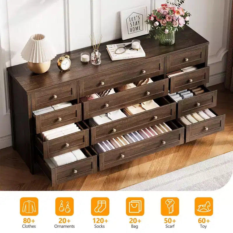 Commode en bois à 12 tiroirs pour chambre, meuble TV moderne et large pour téléviseur de 65 pouces, commode en bois, rangement champêtre pour vêtements dans le salon