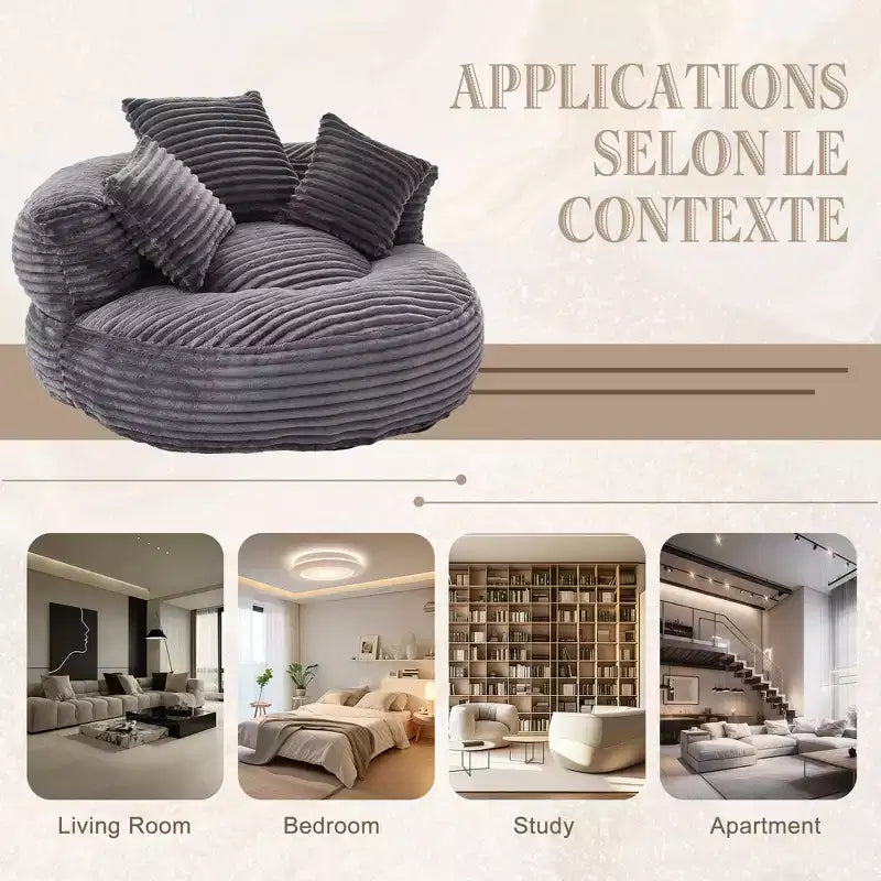 Sitzsacksofa für Erwachsene und Kinder, übergroßer Cord-Sitzsack mit 3 Kissen und Armlehnen für Wohnzimmer und Schlafzimmer - ModernLuxe