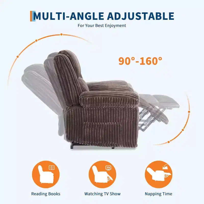 Fauteuil inclinable en velours côtelé, canapé inclinable manuel avec poignée, accoudoirs à plateau rembourré, rembourrage épais, poche latérale, salon, chambre, salle de cinéma maison, gris foncé
