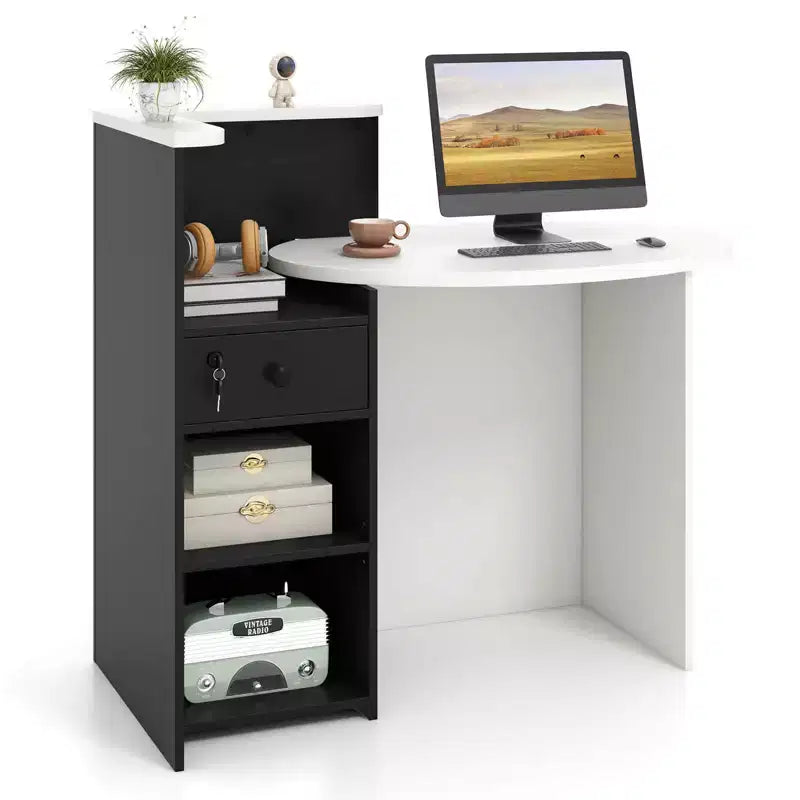 Costway Empfangstresen, Kassentisch und Bürotisch mit offenem Fach und abschließbarer Schublade, Weiß/Braun/Schwarz