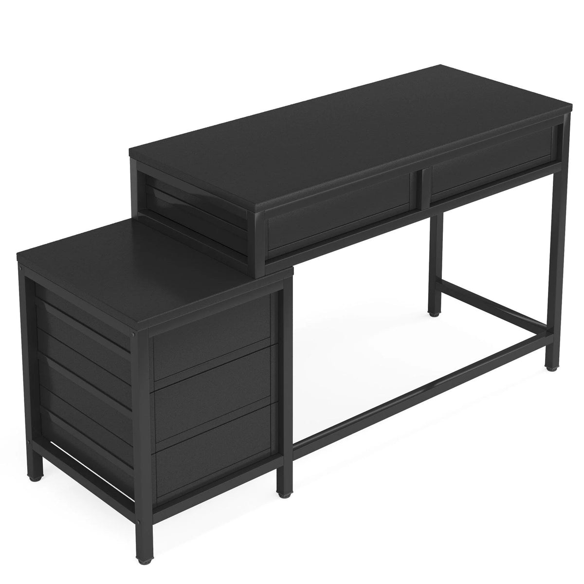 Wendbarer Computerschreibtisch mit 5 Schubladen, Schreibtisch fürs Homeoffice mit Aktenschublade und Druckerständer
