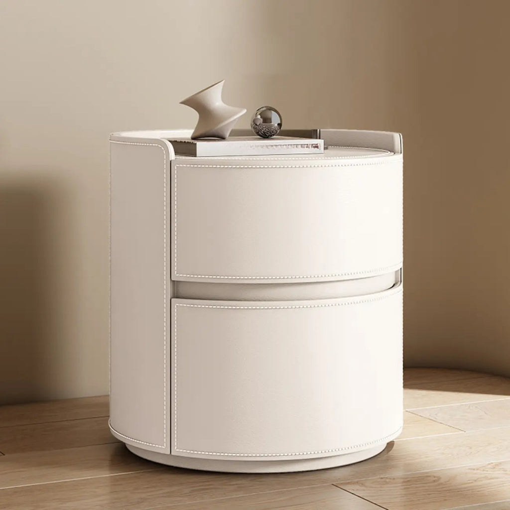 Comodino rotondo moderno con vassoio in pelle e 2 cassetti