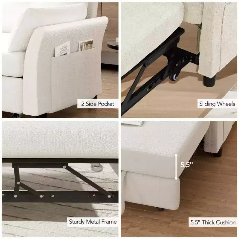 Divano letto Dyonery 51 3 in 1, divanetto trasformabile con letto estraibile, schienale regolabile, rivestimento in lino