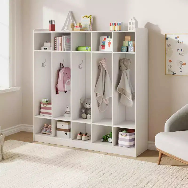 Vestiaire scolaire à 5 sections avec 10 casiers, meuble de rangement avec 10 crochets pour la maison, l’école, la crèche et la maternelle
