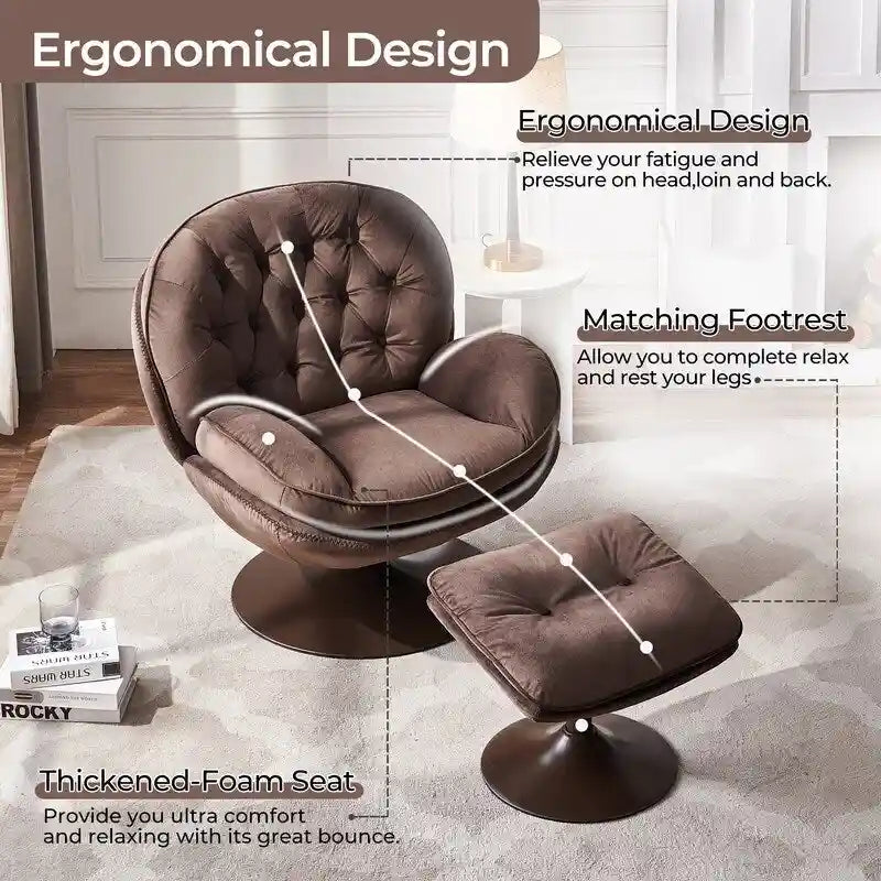 Fluwelen draaifauteuil met voetenbank, ronde leesfauteuil met voetenbankset, 360 draaibaar, metalen frame