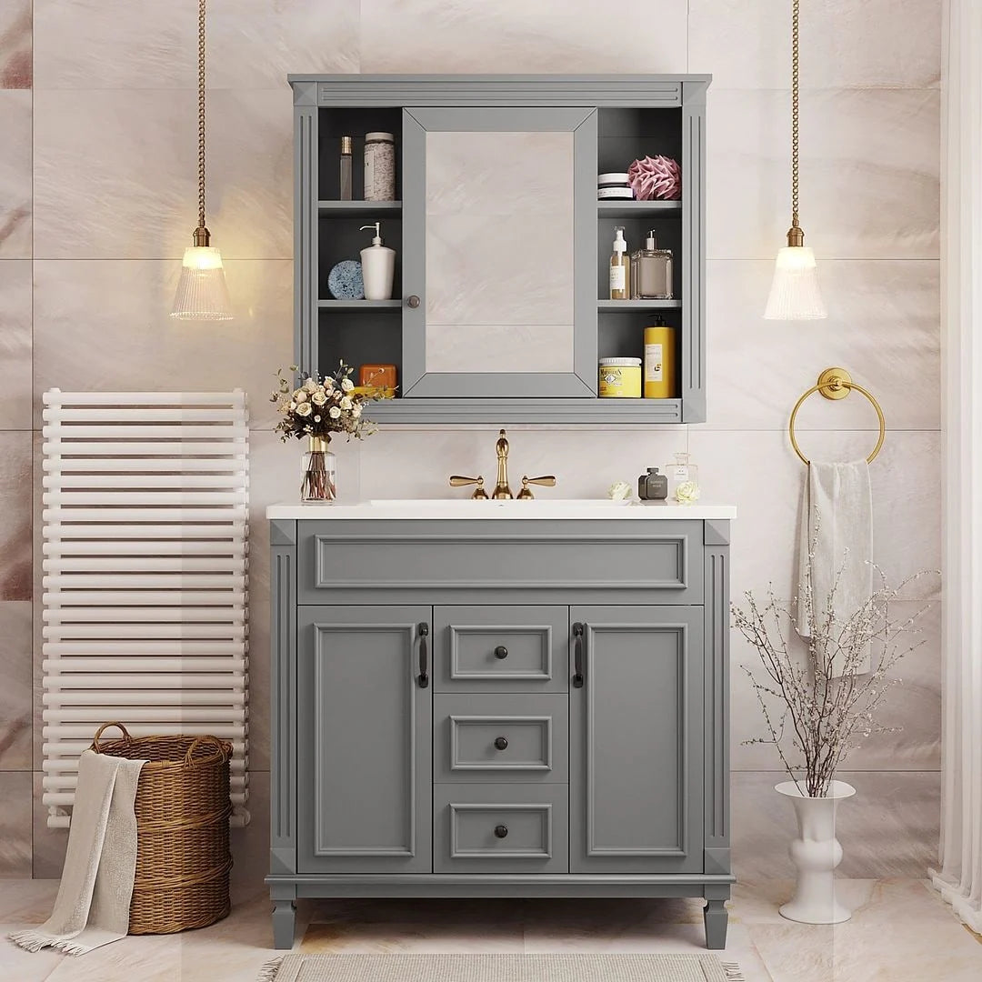 Mobile bagno moderno da 36 con lavabo integrato e specchiera, 2 ante e 2 cassetti