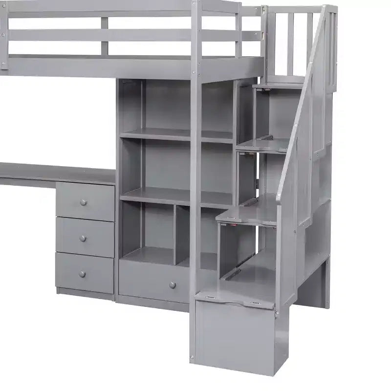 Lit mezzanine simple avec bureau en L, 3 tiroirs, armoire, rangement sous l’escalier, structure en pin massif/MDF