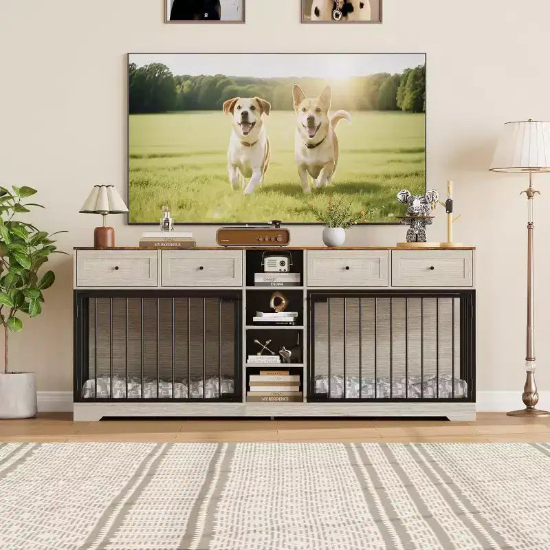 Meuble double cage pour chiens 82, grand chenil d’intérieur pour 2 chiens, cage en bois robuste faisant office de meuble TV avec 4 tiroirs et des étagères