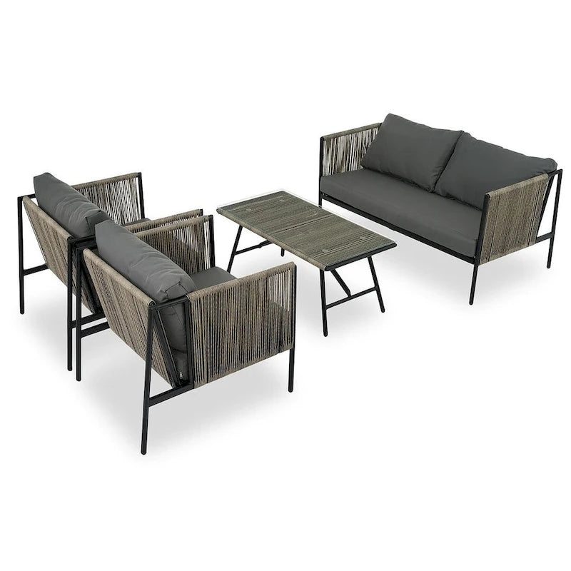 Ensemble de patio extérieur en corde, 4 pièces pour 4 personnes, avec coussins et table en verre