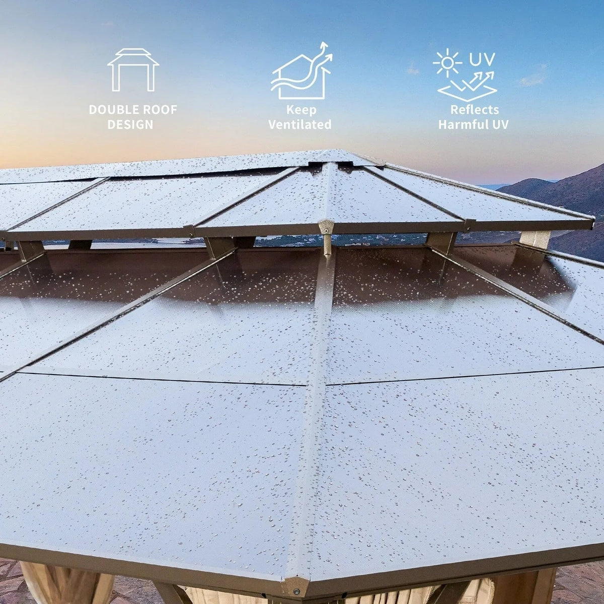 EROMMY hardtop-paviljoen, pergola voor buiten met dubbel dak, netten en gordijnen, extra stevig zonnescherm voor terras, achtertuin en zwembadfeest