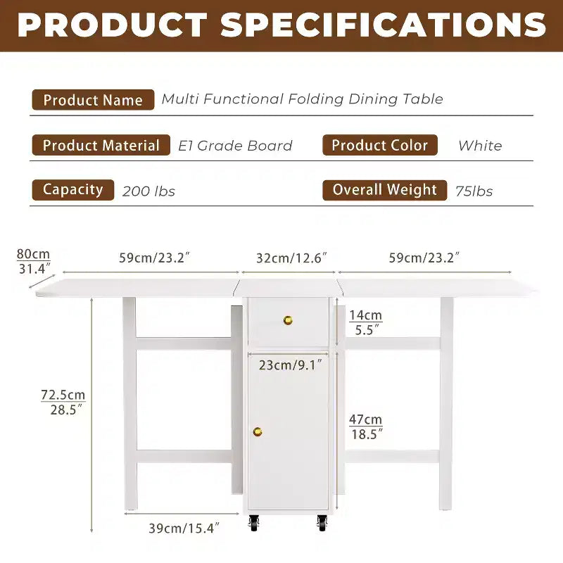 ATJafurn opklapbare eettafel van 59 inch met neerklapbare bladen voor kleine ruimtes, rechthoekige uitschuifbare houten keukentafel met wielen en opbergruimte
