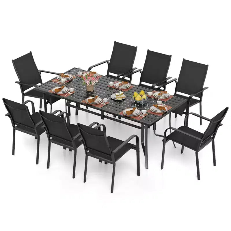 Gymax 9-teiliges Garten-Essset mit rechteckigem Tisch und stapelbaren Stühlen mit Sonnenschirmöffnung