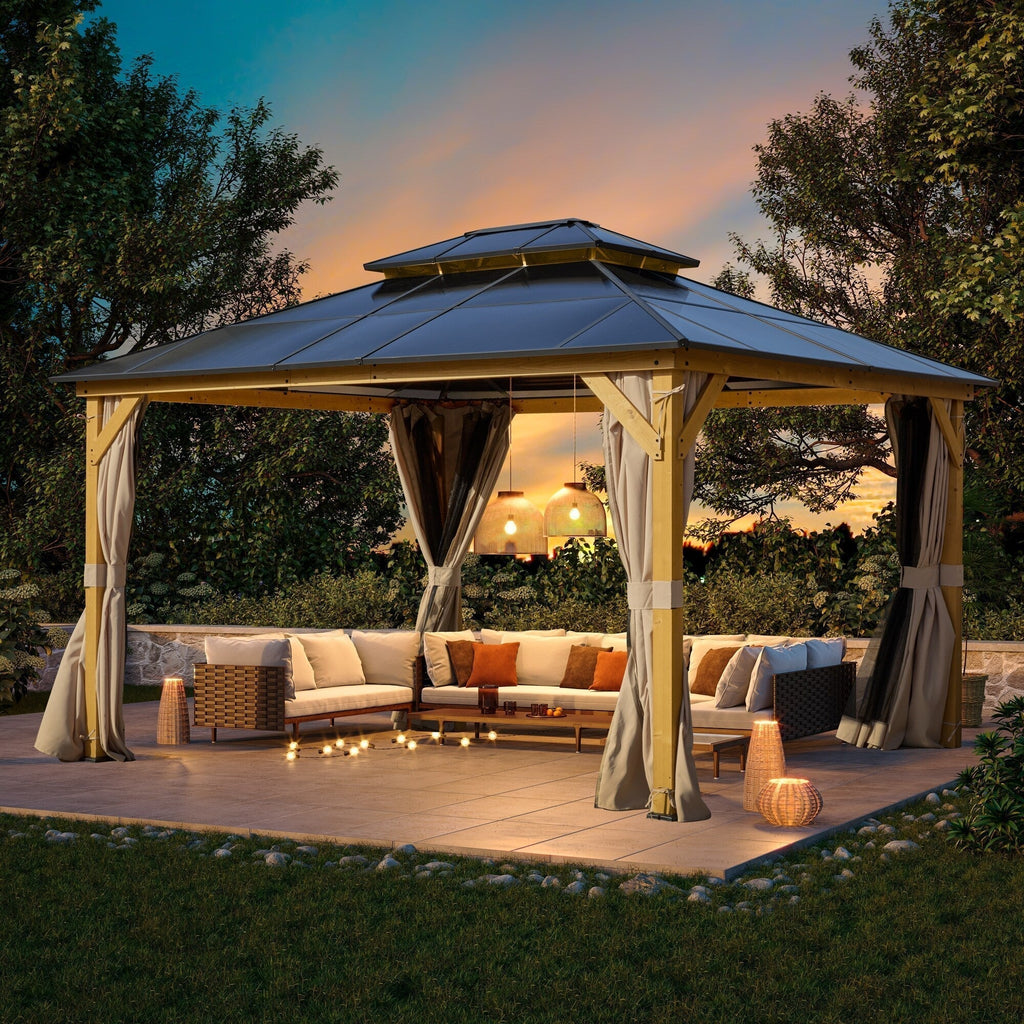 EROMMY hardtop-paviljoen, pergola voor buiten met dubbel dak, netten en gordijnen, extra stevig zonnescherm voor terras, achtertuin en zwembadfeest