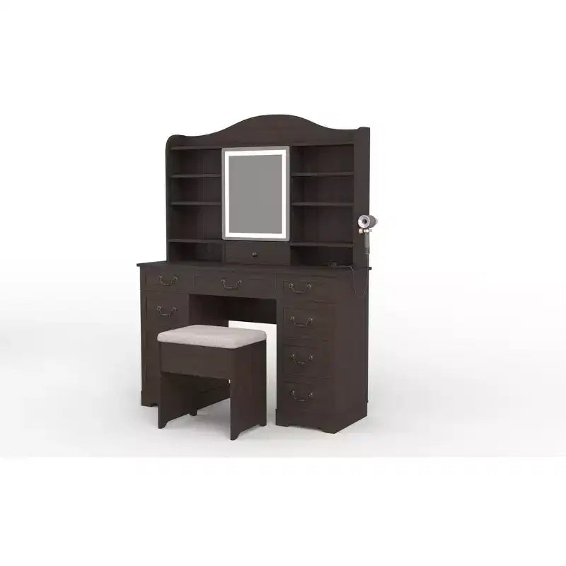 Toeletta con specchio e 10 cassetti, finitura noce, 10 ripiani e sgabello, per camera da letto, facile da montare
