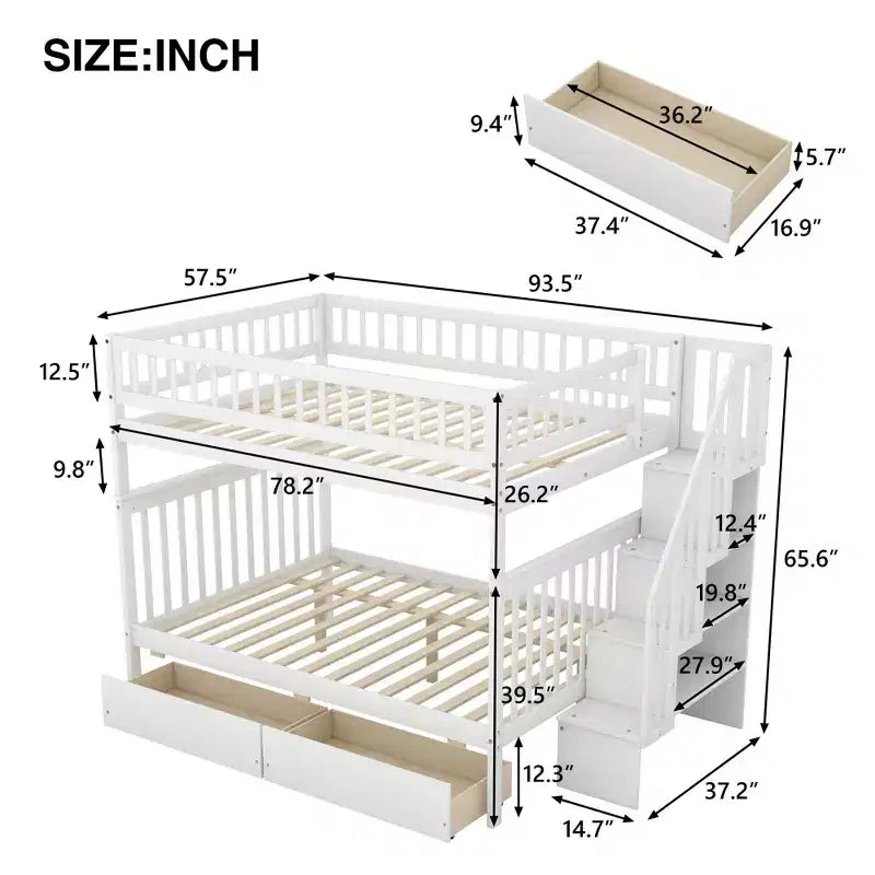 Stapelbed met twee tweepersoonsbedden, twee opberglades en opbergplanken, voor de slaapkamer van kinderen, tieners en volwassenen
