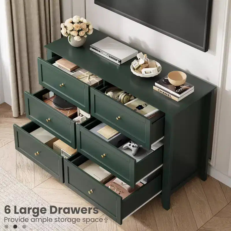 Kommode mit 6 Schubladen fürs Schlafzimmer, große Kommode mit tiefen Schubladen und Metallgriffen, moderne Holzkommode für Eingangsbereich und Flur