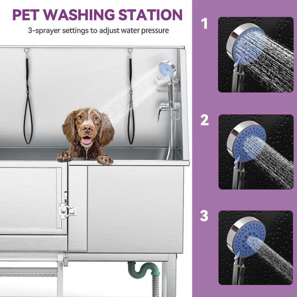 Baignoire de toilettage réglable pour animaux en acier inoxydable, largeur 50 W, avec marches et rampe