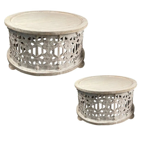 2-teiliges rundes Couchtischset aus Holz, 30 Zoll, mit geschnitztem Blumenmuster, Antikweiß