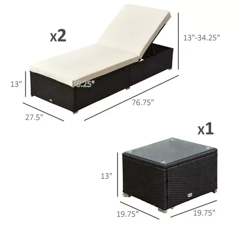 Set van 2 ligstoelen met rugleuning in 5 standen, buitensalontafel, waterafstotende kussens, ligstoelen van PE-rattan voor bij het zwembad