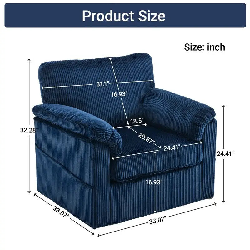 Fauteuil pivotant une place en velours côtelé de 33 pouces