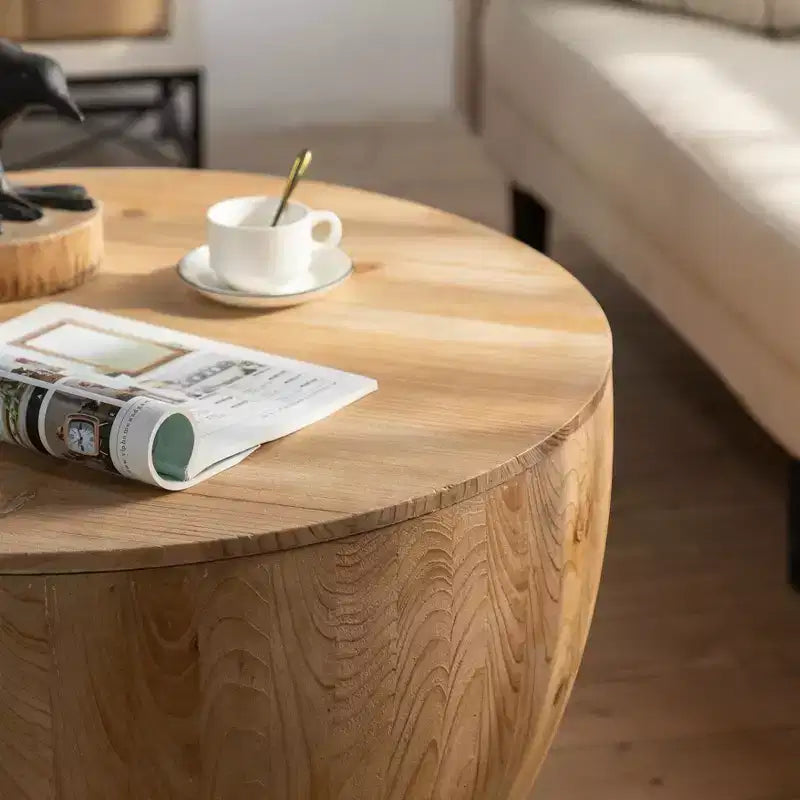 Ronde salontafel met opbergruimte in retrostijl, gemaakt van hout, geschikt voor de woonkamer, eetkamer of kantoor.