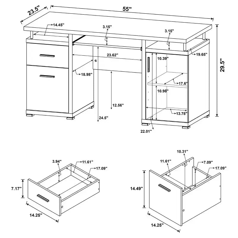 Scrivania in legno da 55 con 2 cassetti, 1 armadietto, 1 ripiano aperto e anta, per ufficio domestico o studio