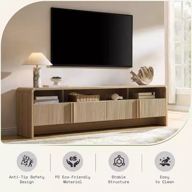 AMERLIFE Meuble TV moderne de 70 au design cannelé avec placards de rangement, pour téléviseurs jusqu'à 80, meuble de divertissement en bois, console multimédia pour le salon