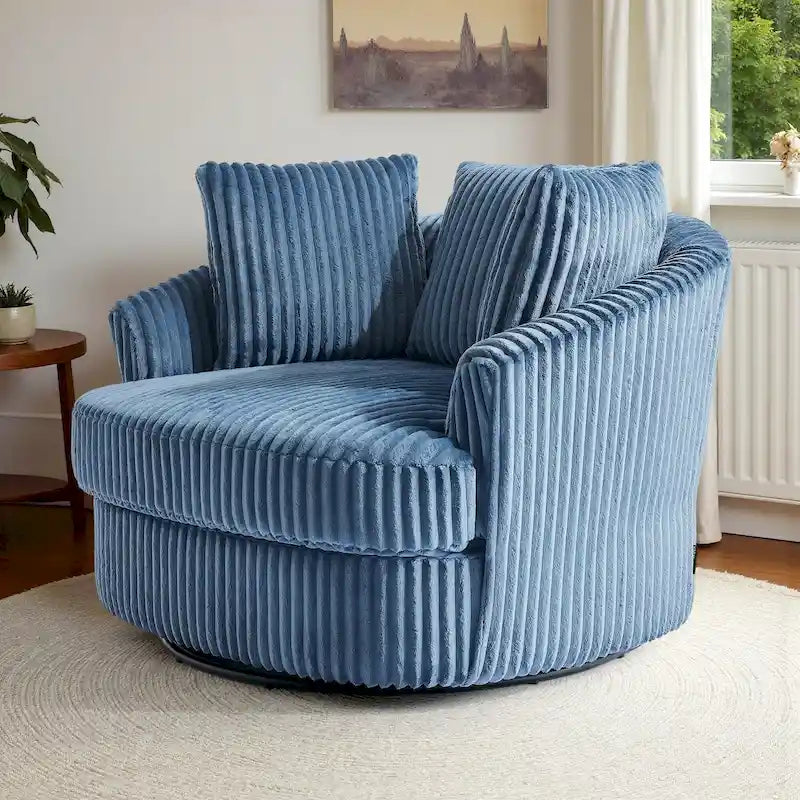 Fauteuil tonneau pivotant surdimensionné en velours côtelé moelleux, accoudoirs rentrés, 43 W