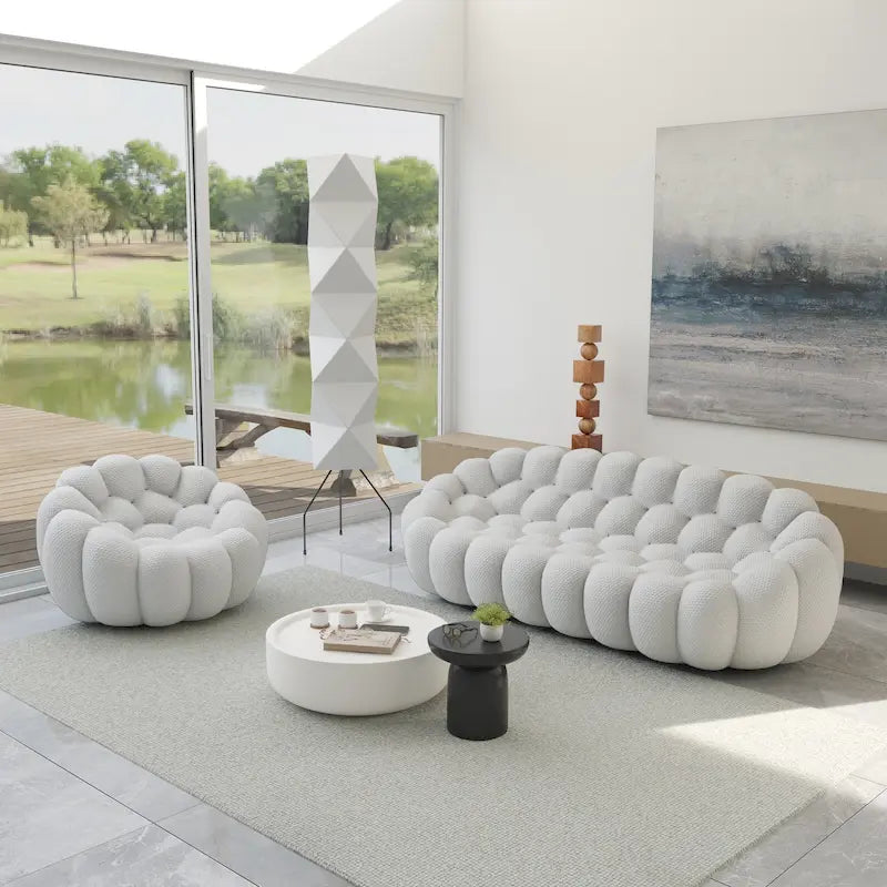 Canapé bulle 3 places et fauteuil bulle en tissu matelassé alvéolé 3D, lot de 2, pour salon