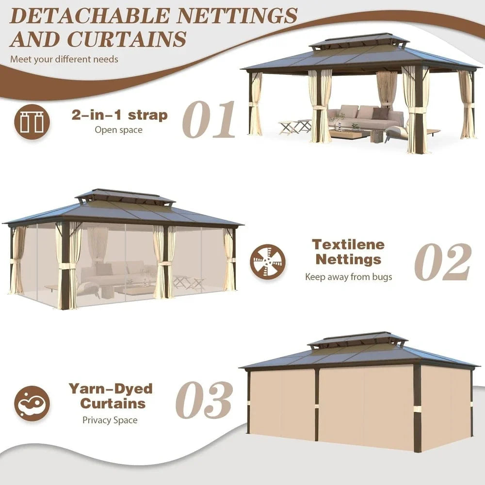 EROMMY hardtop-paviljoen, pergola voor buiten met dubbel dak, netten en gordijnen, extra stevig zonnescherm voor terras, achtertuin en zwembadfeest
