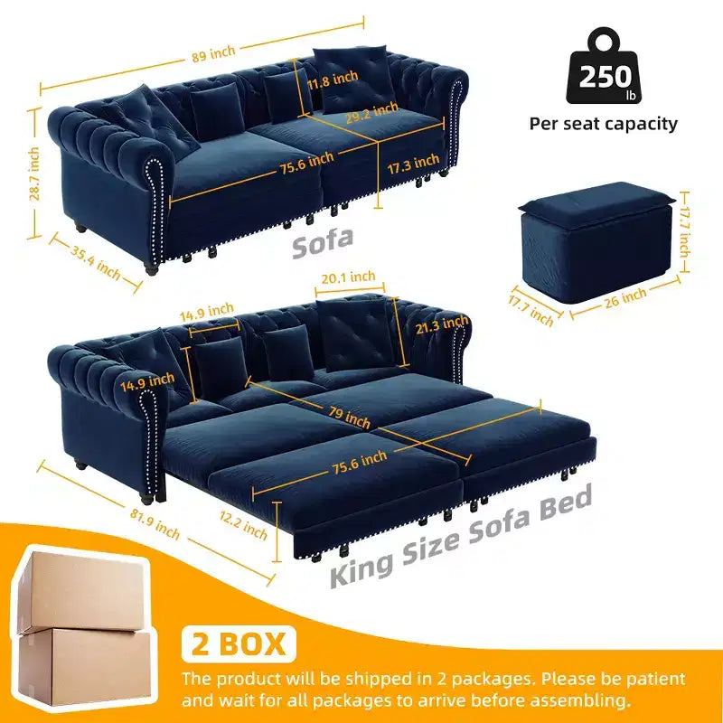 Whisen Schlafsofa aus Samt, 3-in-1, King Size, ausziehbar und umwandelbar, mit beweglichem Ottomanen, gestepptes Design