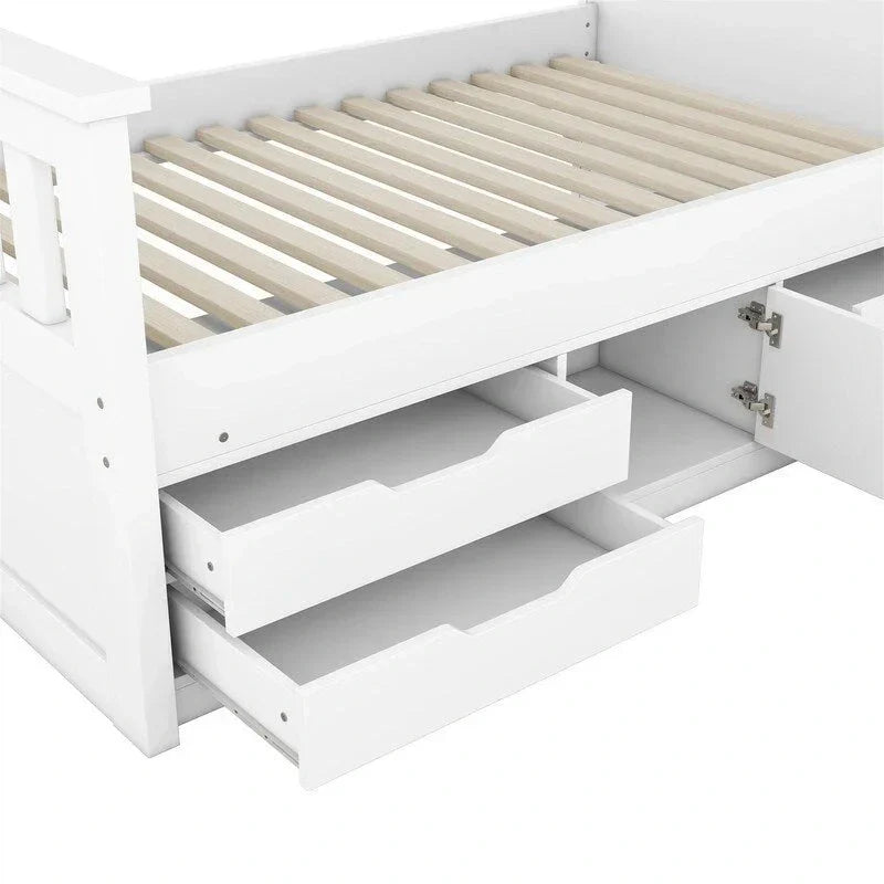 Letto a piattaforma Captain singolo/matrimoniale con 4 cassetti e ripiani contenitori, struttura in legno massello con testiera libreria contenitore
