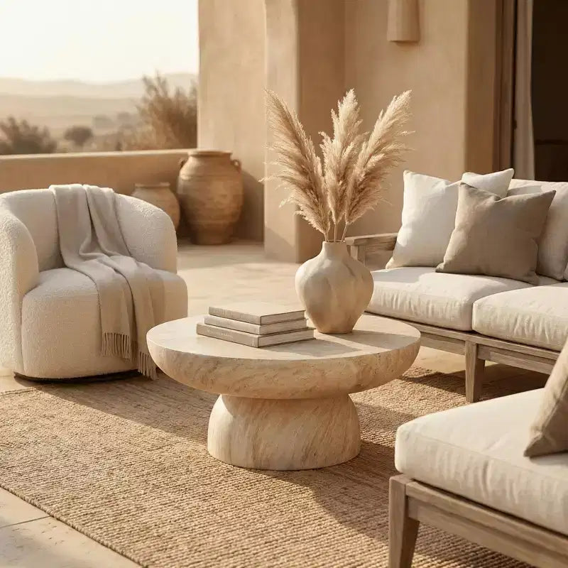 LeisureMod Lunexa runder Couchtisch, Akzenttisch mit Sockel aus Fiberstone für drinnen und draußen, skulpturales Design mit rutschfesten Fußgleitern