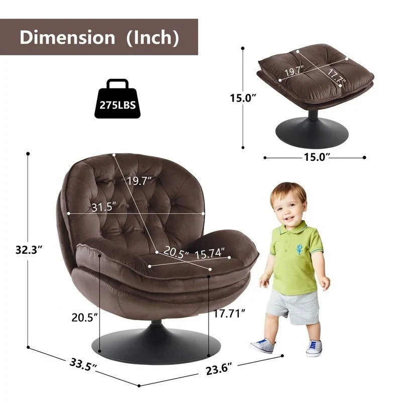 Fluwelen draaifauteuil met voetenbank, ronde leesfauteuil met voetenbankset, 360 draaibaar, metalen frame