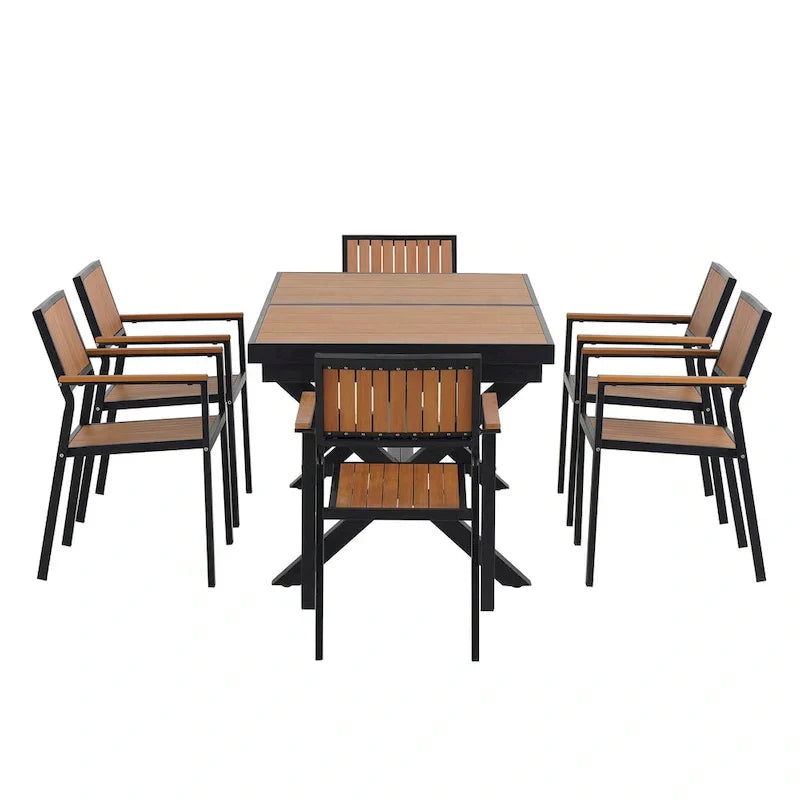 7-delige uitschuifbare eethoek voor buiten met uitschuifbare tafel en 6 stoelen met armleuningen