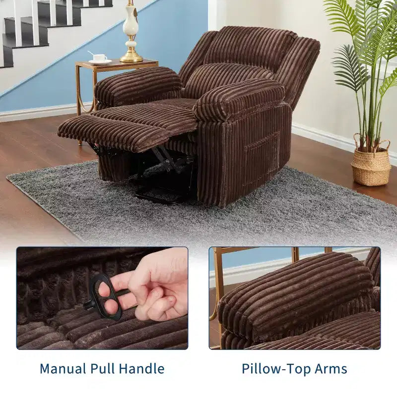 Fauteuil inclinable en velours côtelé, canapé inclinable manuel avec poignée, accoudoirs à plateau rembourré, rembourrage épais, poche latérale, salon, chambre, salle de cinéma maison, gris foncé