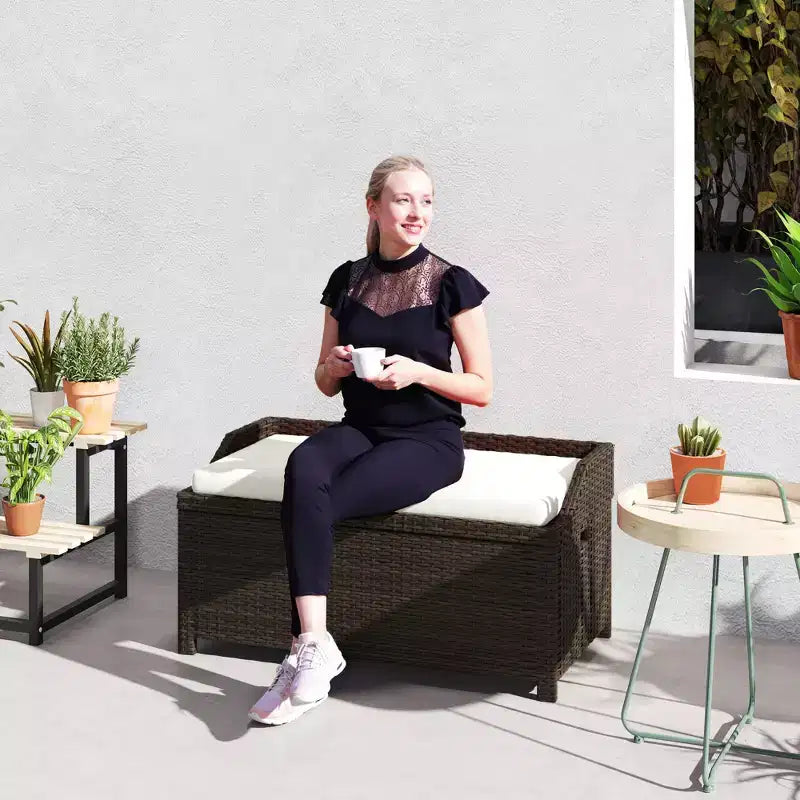 Banc de rangement extérieur en osier avec coussin