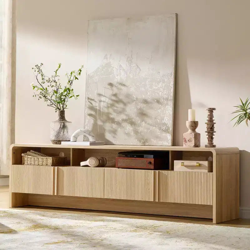AMERLIFE Mobile TV moderno da 70 con design scanalato e armadietti contenitori, per televisori fino a 80, mobile in legno per soggiorno