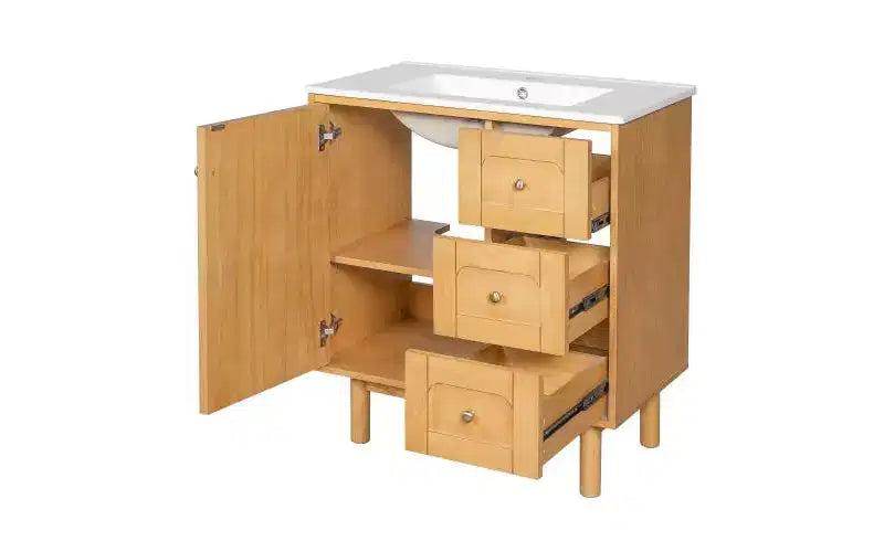 Mobiletto bagno in ceramica JVNOXK da 30 pollici, stile rustico moderno, con 3 cassetti e 1 grande anta a chiusura ammortizzata, mobile contenitore, venatura naturale del legno