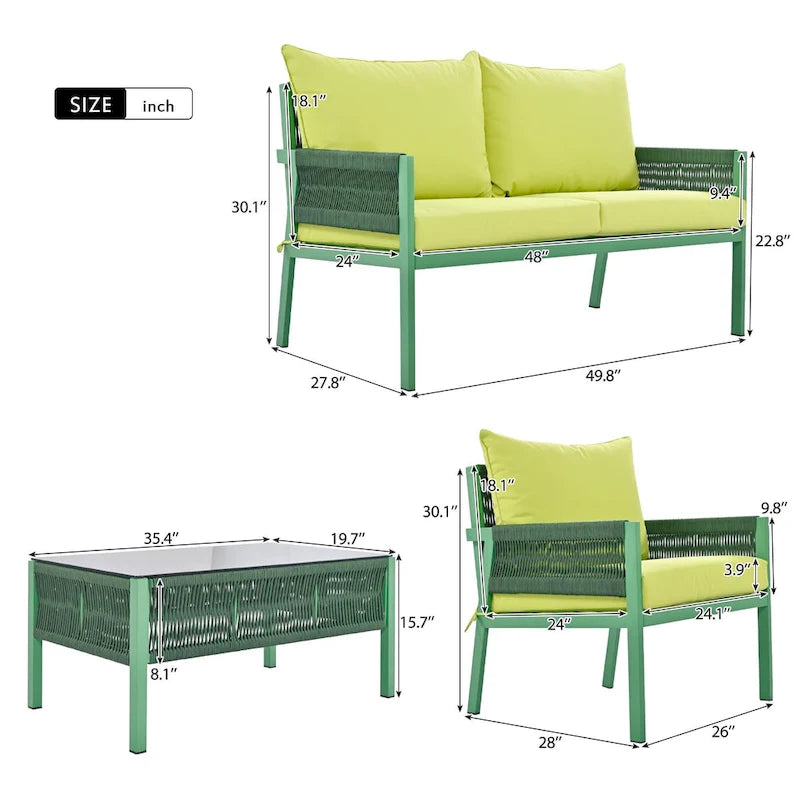 4-delige tuinmeubelset, loungeset voor buiten met tafel van gehard glas, diepe zit en dikke kussens