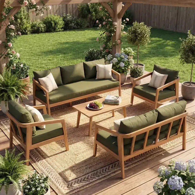 Christopher Knight Home Sunny modernes 5-teiliges Sitzmöbelset aus Akazienholz mit rechteckigem Tisch mit Latten und 7 Sitzplätzen