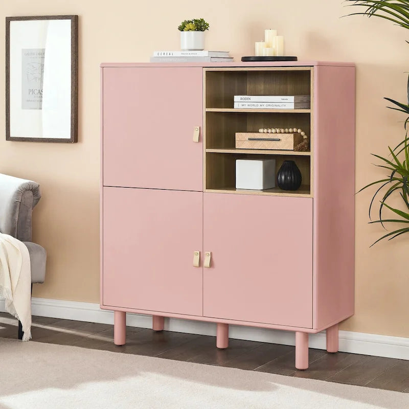 Multifunktionaler Aufbewahrungsschrank mit Tür, modernes Sideboard, Aufbewahrungsschrank aus Holz, Schubladenschrank mit Ledergriffen