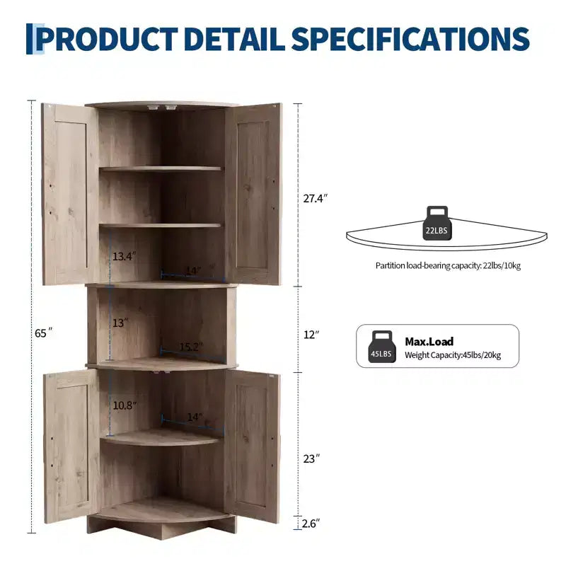 Armoire d’angle haute de 64.8 avec portes, armoire de rangement d’angle marron de style campagnard, garde-manger d’angle autoportant avec étagères réglables