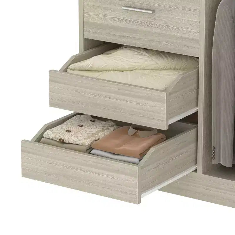 Organizer per armadio con cassetti in legno, sistema guardaroba indipendente con aste appendiabiti