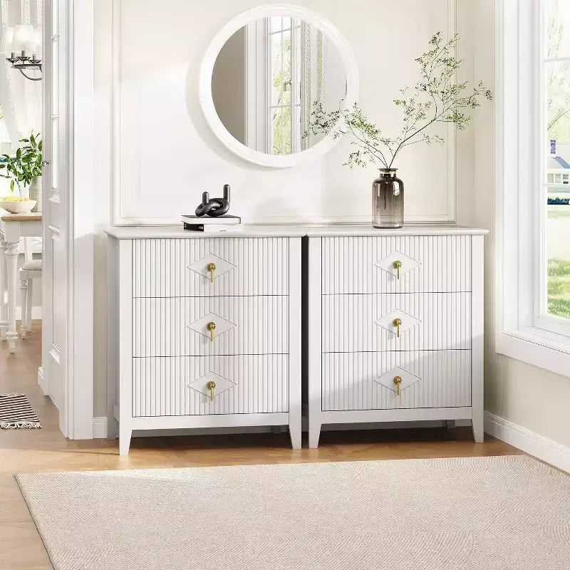 Lot de 2 tables de chevet en bois cannelé, commode de 27.5 de large à 3 tiroirs, tables de chevet modernes, commode pour chambre ou salon