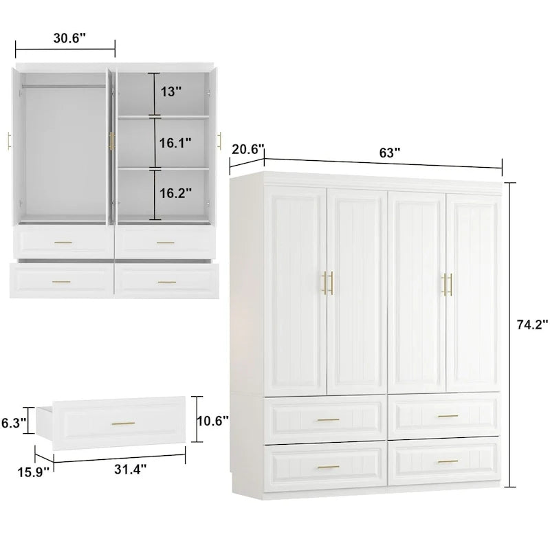 93.9H/74.2H Kleiderschrank, Garderobenschrank mit Kleiderstange, Schubladen und Stauraum
